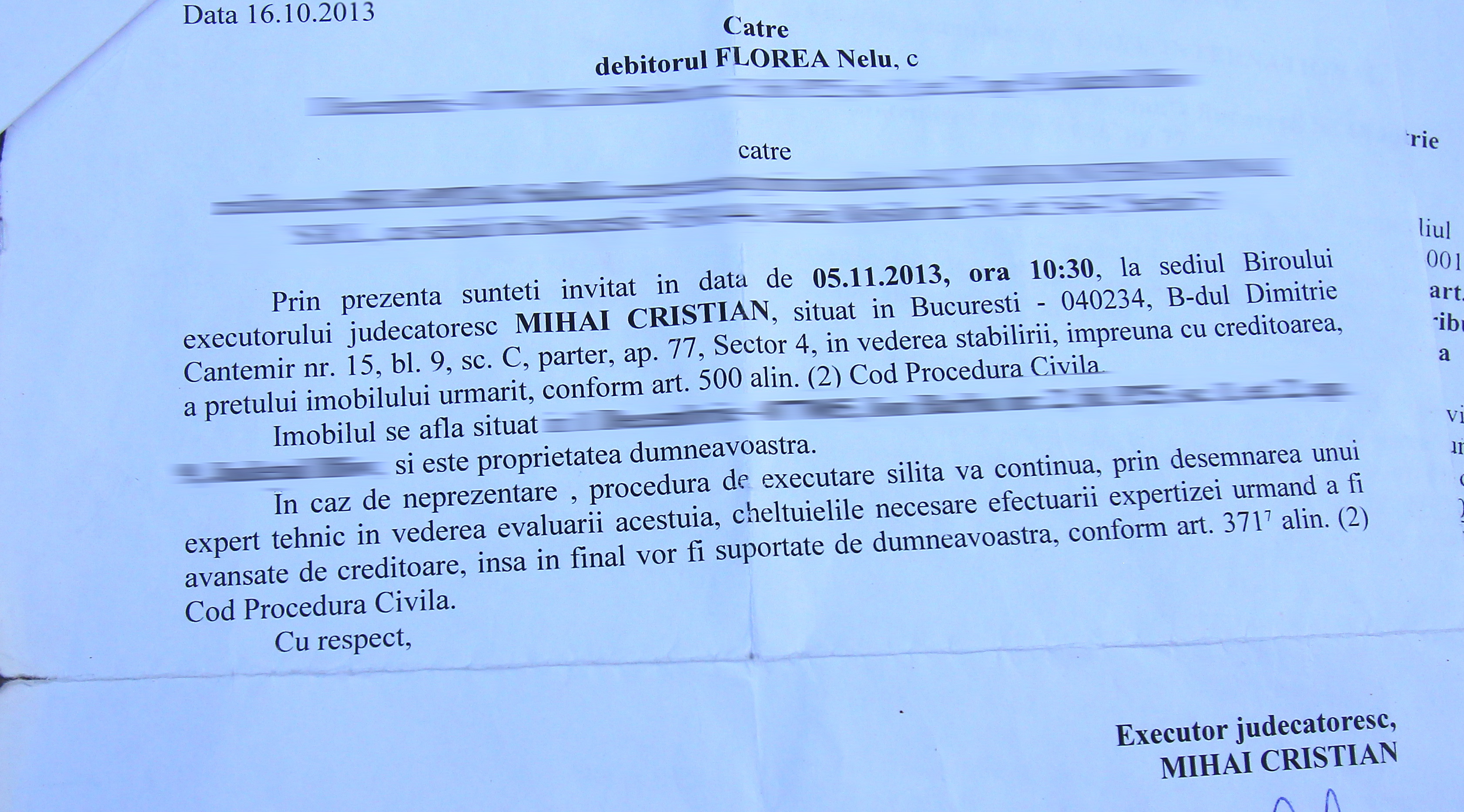 Notificarea primita de Florea