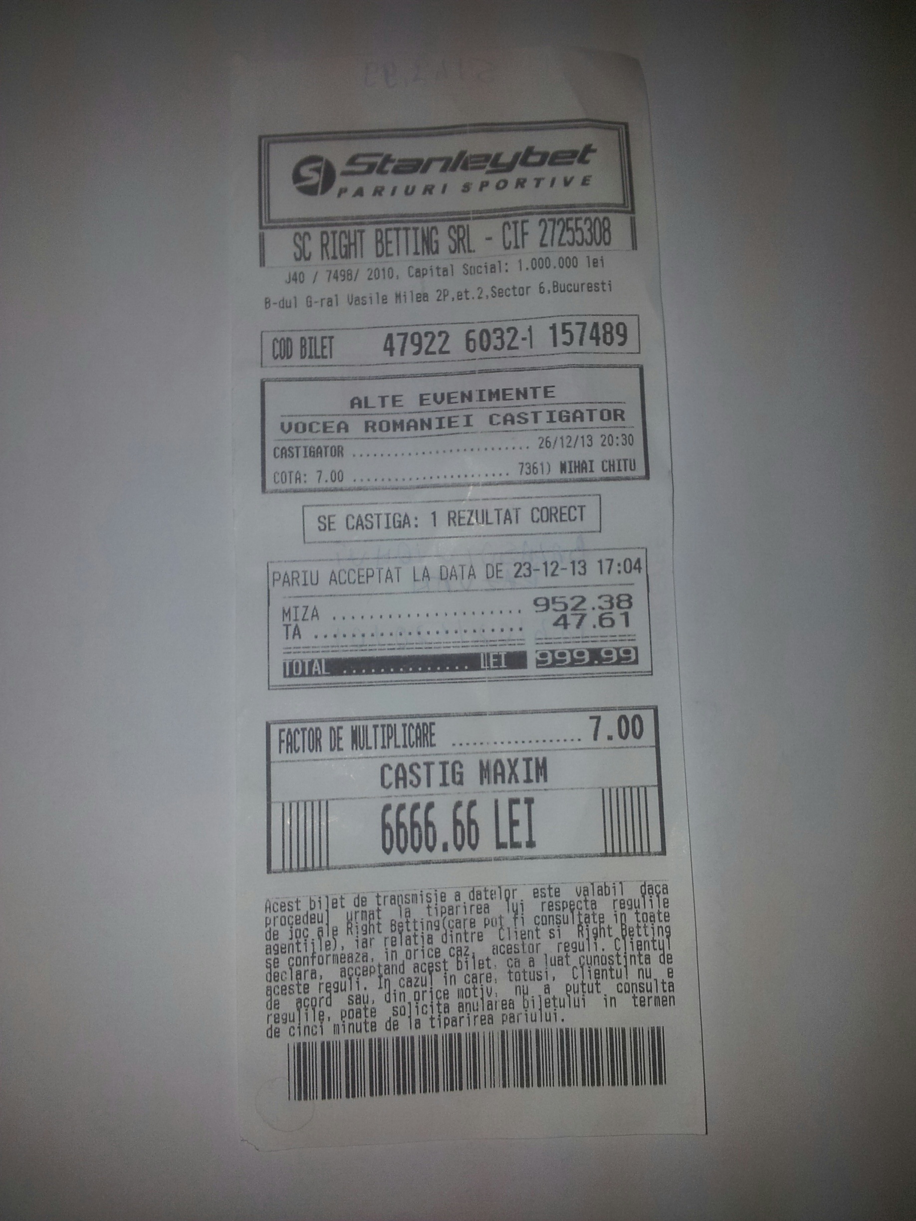 Cel mai mare castig inregistrat in respectiva agentie este de aproximativ 6.700 de lei si a fost al unui bucurestean din Sectorul 3