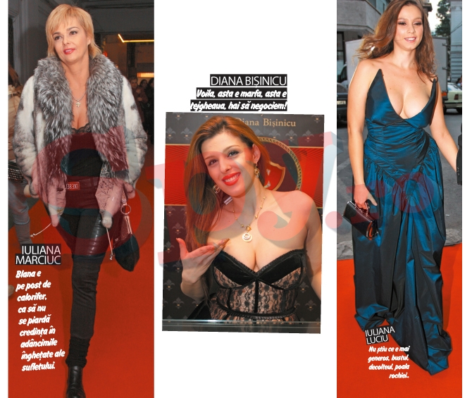 Iuliana Marciuc: Blana e pe post de calorifer, ca sa nu se piarda credinta in adancimile inghetate ale sufletului. Diana Bisinicu: Voila! Asta e marfa, asta e tejgheaua, hai sa negociem! Iuliana Luciu: Nu stiu ce e mai generos, bustul, decolteul, poala rochiei.