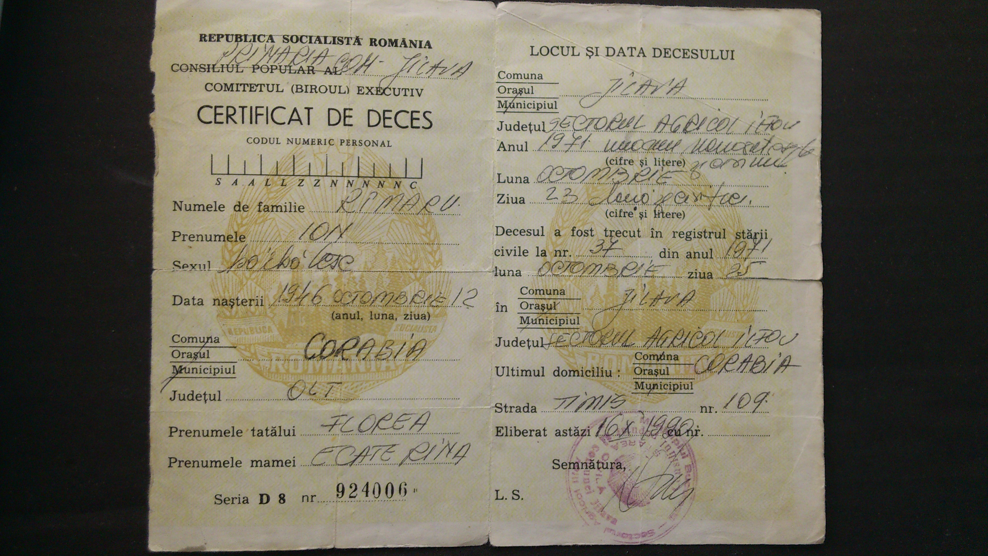 Familia a obtinut certificatul de deces de-abia in '90