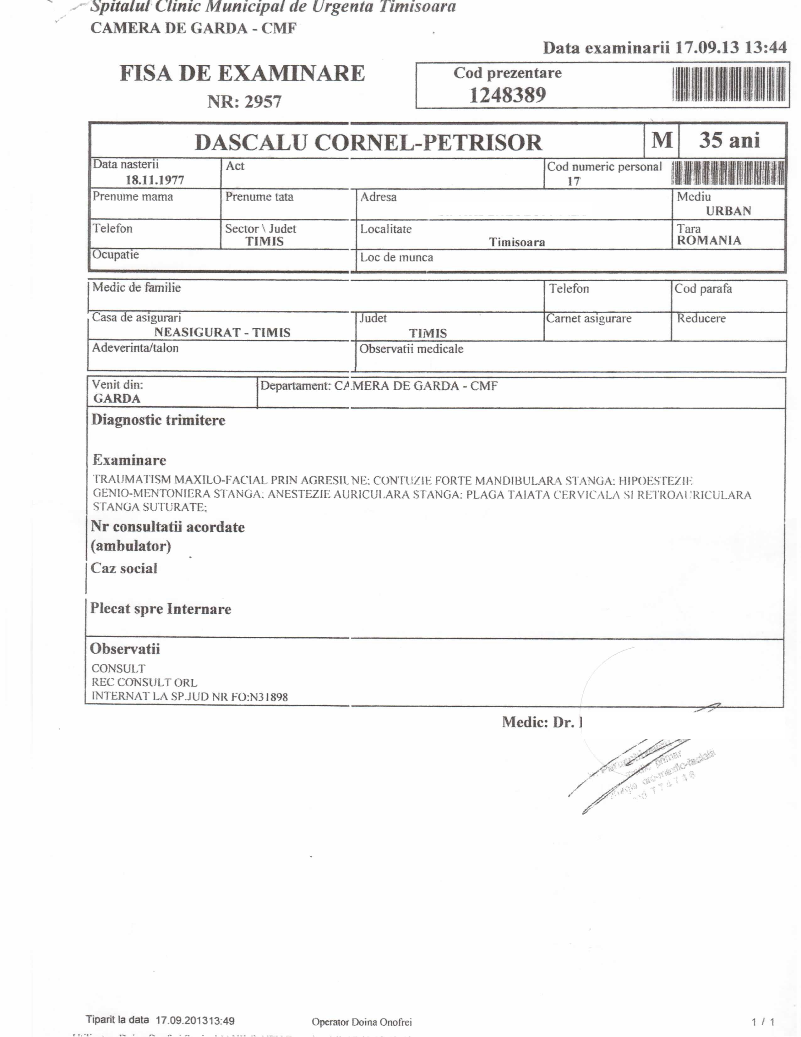 Barbatul a fost operat pentru a i se extrage cioburile din gat