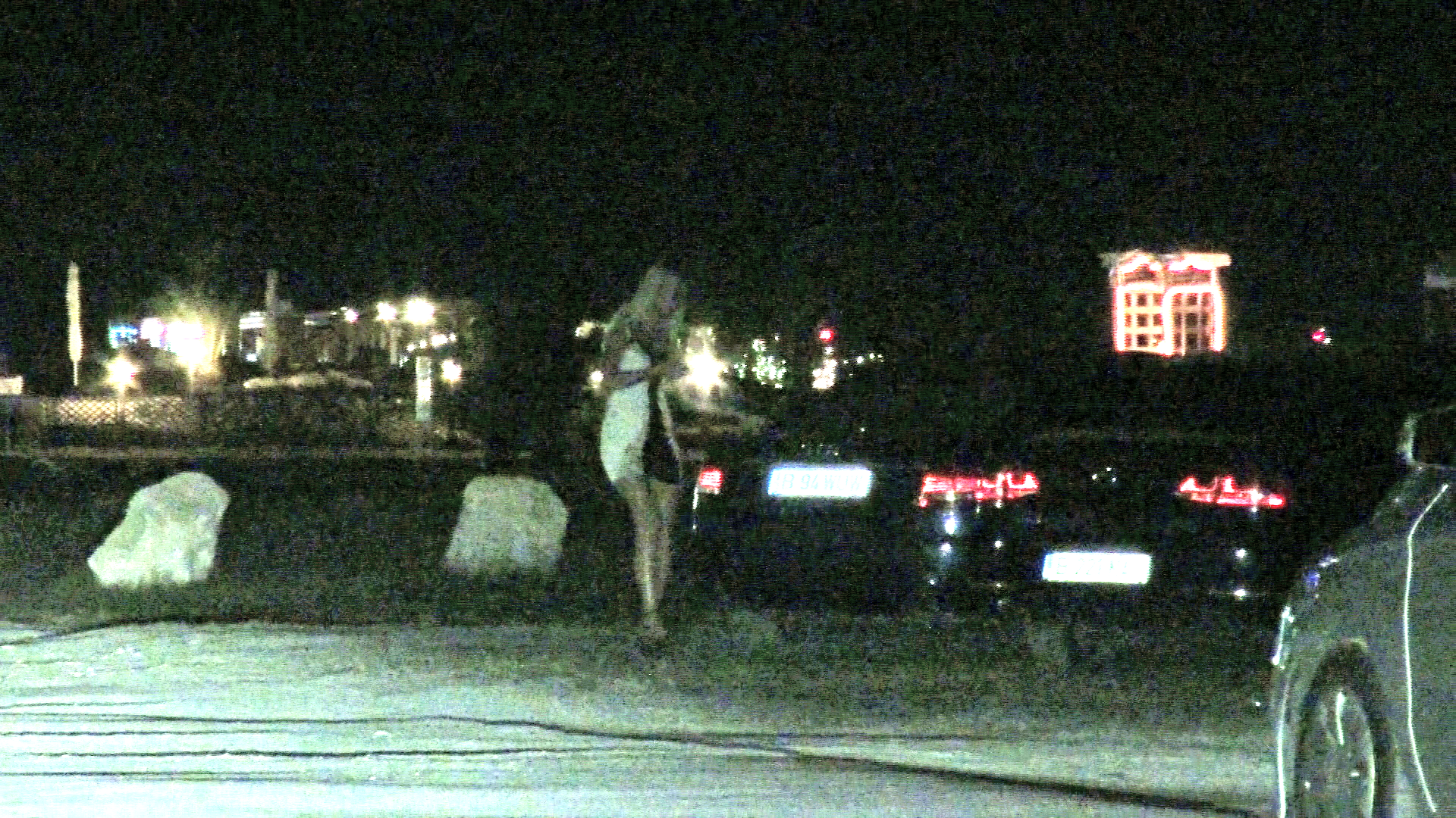 Blonda coboara din masina si isi aranjeaza rochia