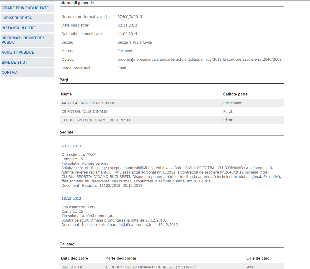 Aceasta este decizia in procesul dintre CS FC Dinamo si Clubul Sportiv Dinamo
