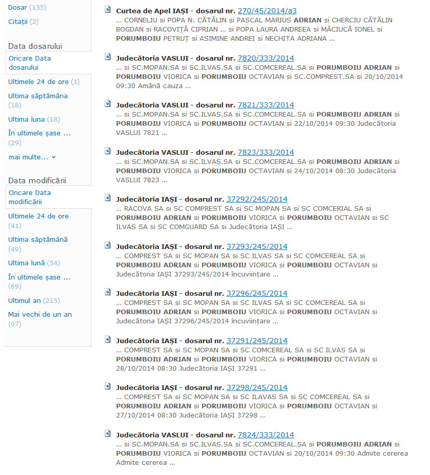 Acesta sunt dosarele inregistrate pe portalul Tribunalului Iasi