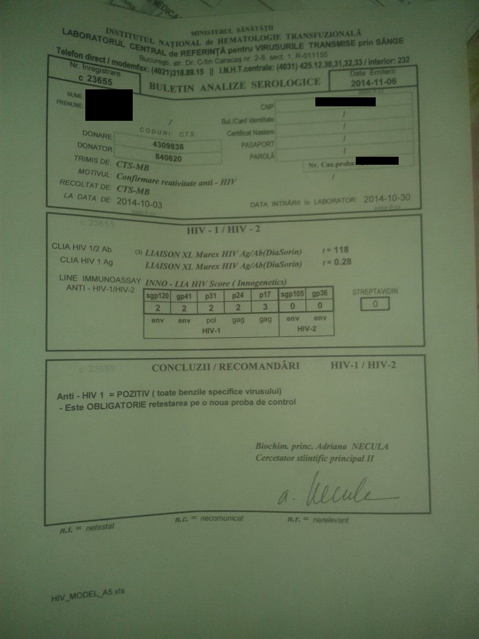 Buletinul de analiza prin care tanarul a aflat ca este infectat cu HIV