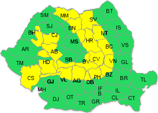 Judetele afectate de cod galben, pana maine la ora 12 (Sursa foto: ANM)