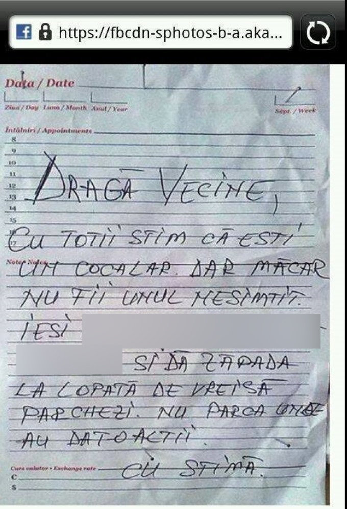 Acesta este mesajul pe care bucuresteanul i l-a scris vecinului sau