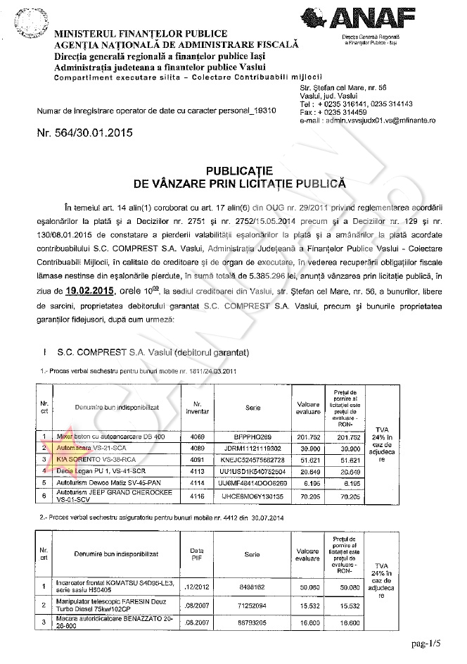 Pe 19 februarie va avea loc licitatia bunurilor pe care ANAF a pus sechestru asigurator firmelor lui Adrian Porumboiu