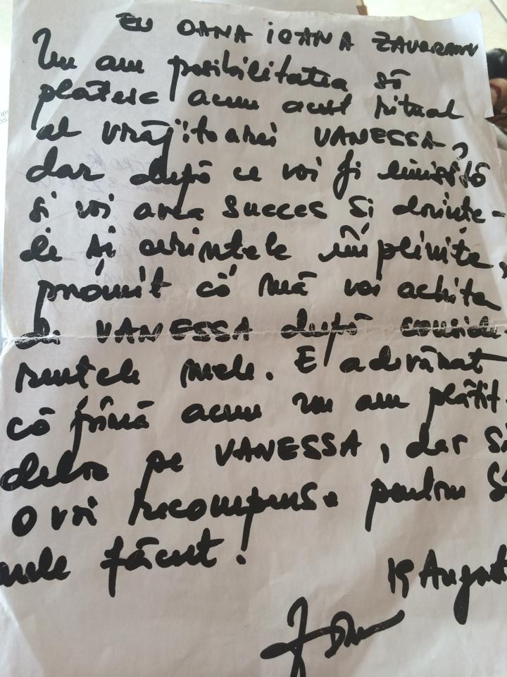 Printr-o chitanta de mana, Zavo se angaja sa o plateasca pe Vanessa pentru descantecele facute