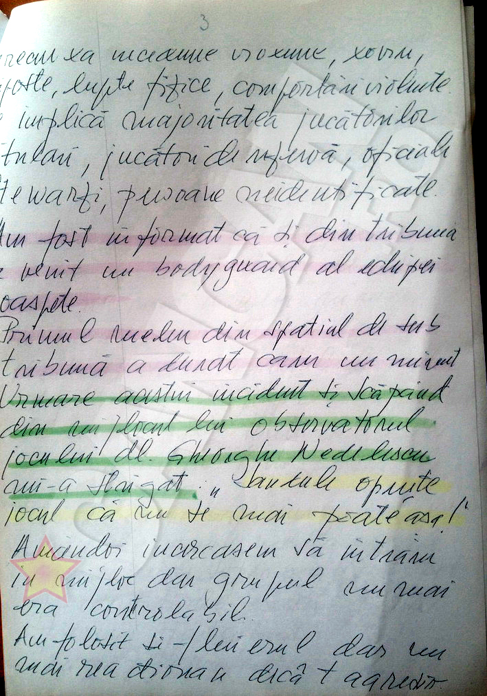 In raportul suplimentar, Tudor a scris ca bodyguardul celor de la CFR a coborat din tribuna si s-a implicat in altercatie