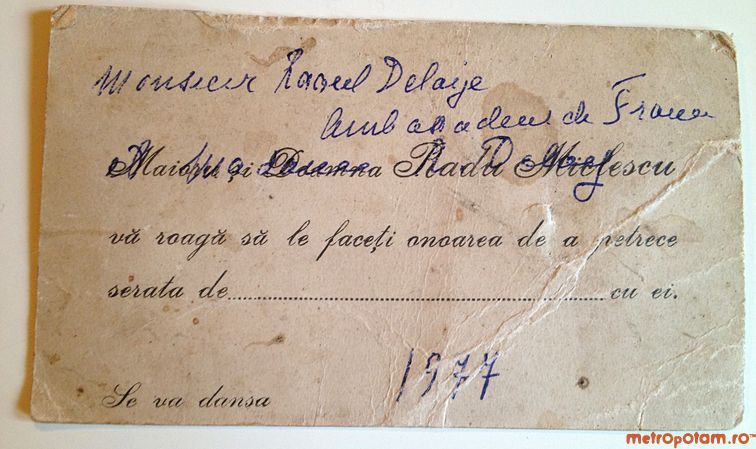 Invitatie semnata de fam. Miclescu catre Raoul Delaye, ambasadorul Frantei, la o serata dansanta