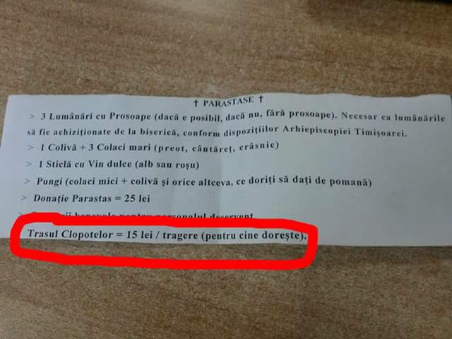 Pentru parastase trasul clopotului este taxat separat