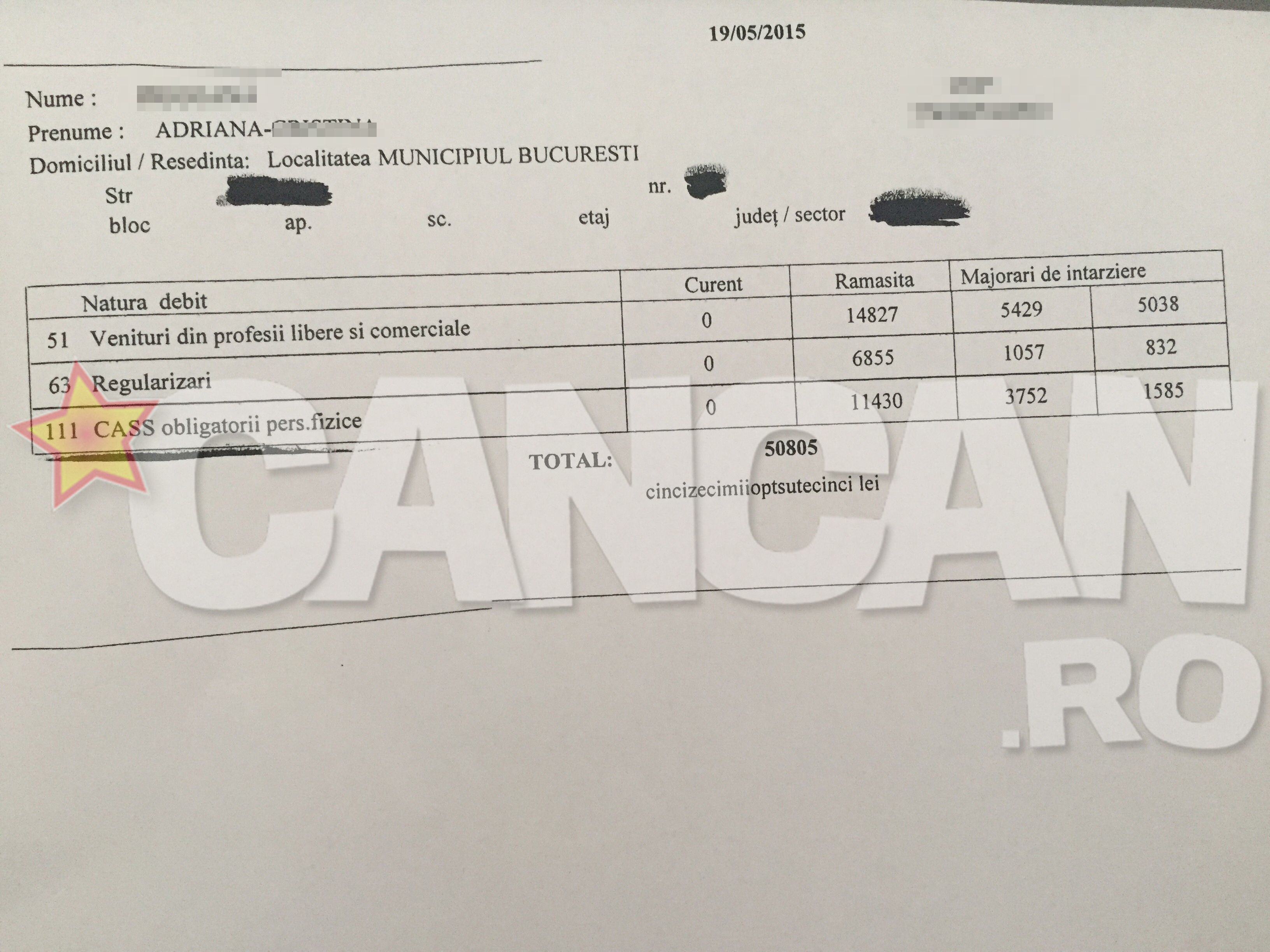 Documentul care atesta ca fosta sotie a lui Prigoana are datorii la stat