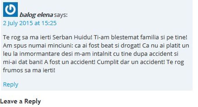Mesajul primit de Serban Huidu pe blogul sau