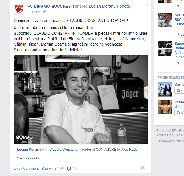 Pagina de facebook a clubului Dinamo Bucuresti a postat un mesaj in memoria lui Claudiu