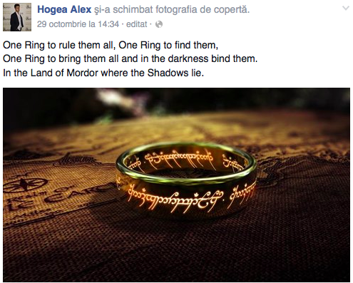 Ultima postare pe Facebook a lui Alex Hogea a fost inelul din filmul The Lord of the Rings