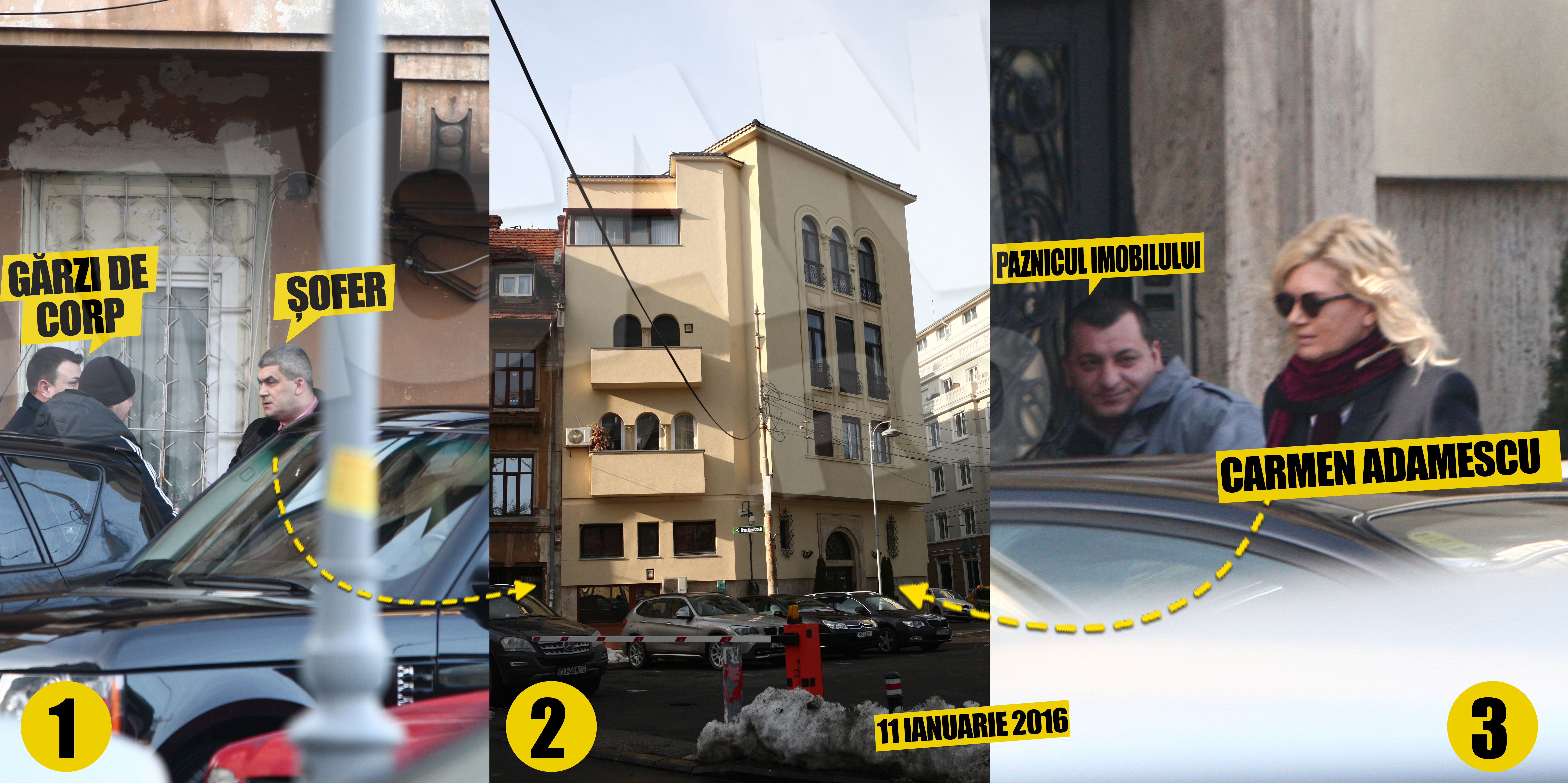 Imobilul (imaginea numarul 2) in care Carmen Adamescu locuieste este mai pazit decat o unitate militara! Soferul si doua garzi de corp supravegheaza atent zona (imaginea numarul 1) inainte ca sefa lor sa paraseasca 