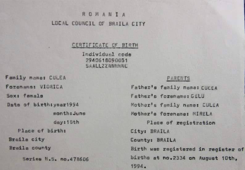 Acesta este certificatul de nastere al tinerei