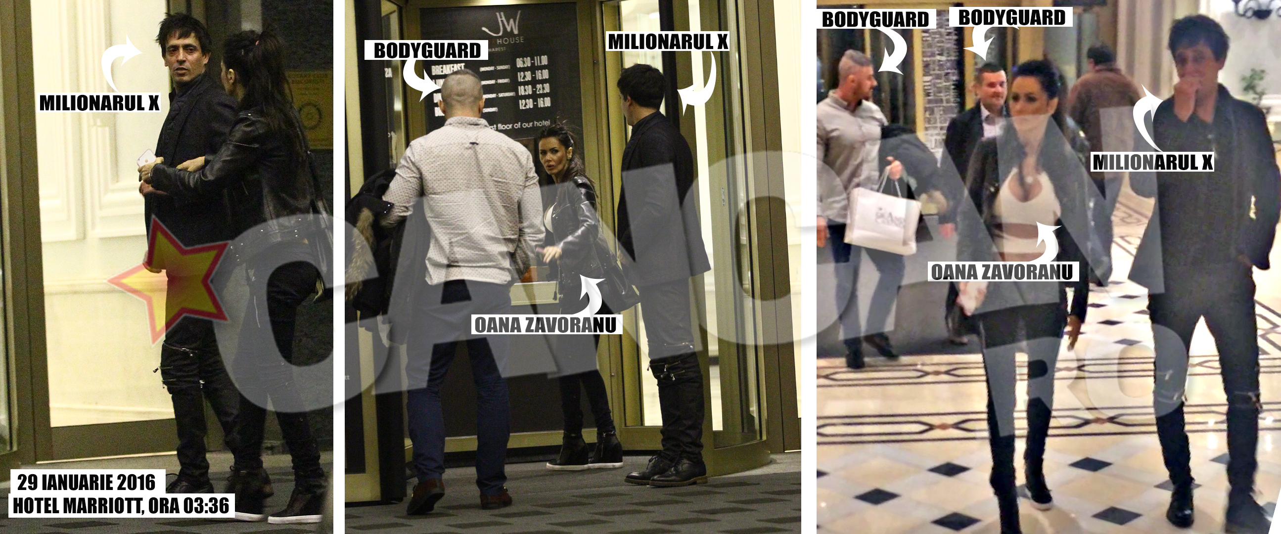 Oana şi milionarul intrând în hotel: Ora 3:36, noaptea de 28 spre 29 ianuarie: Oana şi milionarul X intră în hotelul Marriott. Până şi băieţii de la recepţie se pregăteau să trimită pe cameră o şampanie, două şaorme cu caviar şi trei cutii de prezervative