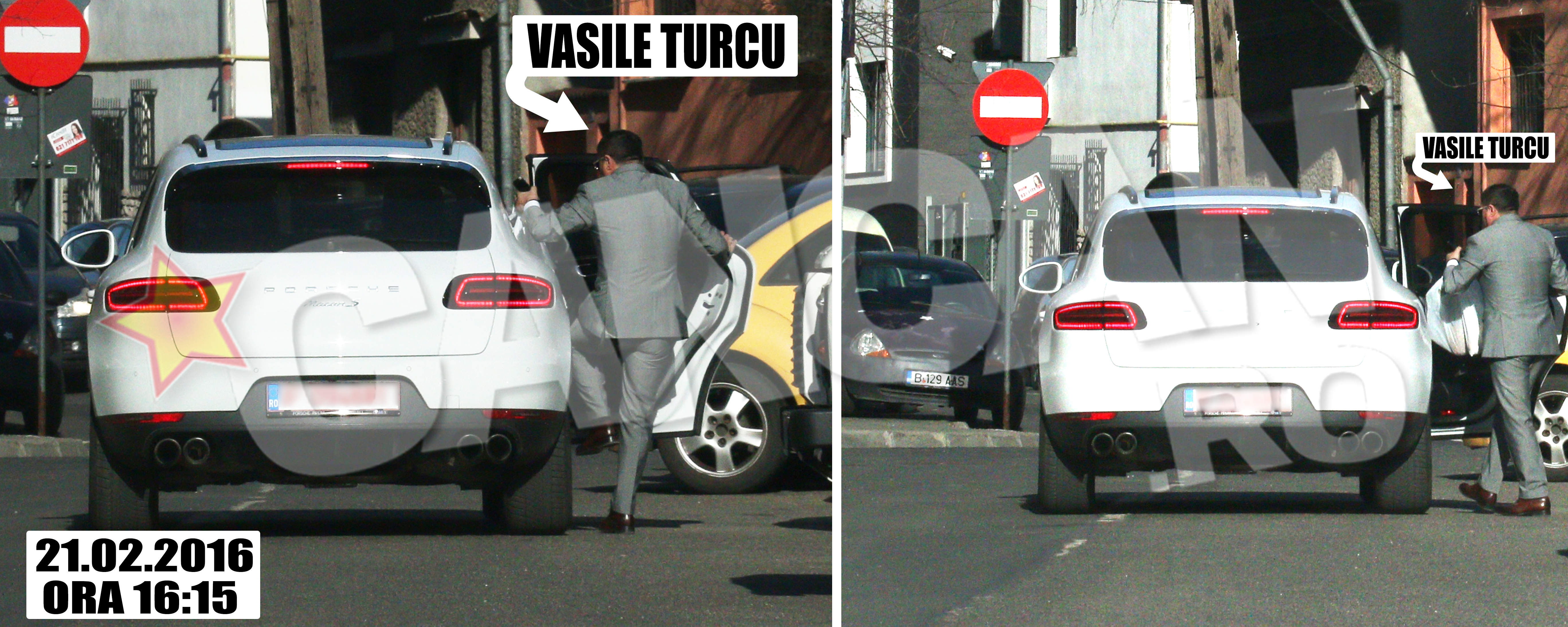 Cu o plasă în mână, Turcu se urcă pe bancheta din spate a Porsche-ului. La cum îl ştim pe Vasilică, nu ne-am aştepta ca în plasă să fi avut flori. Probabil aşa crede el că se oferă florile.