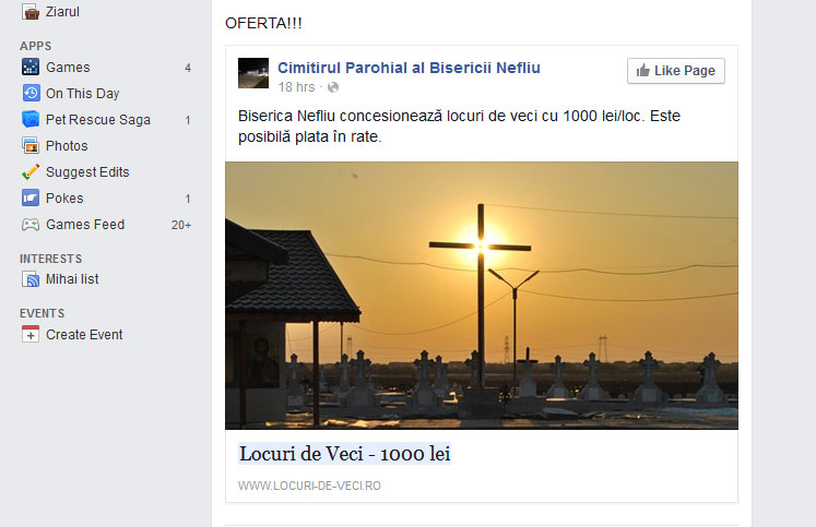 Anuntul oficial de vânzare a fost distribuit pe facebook