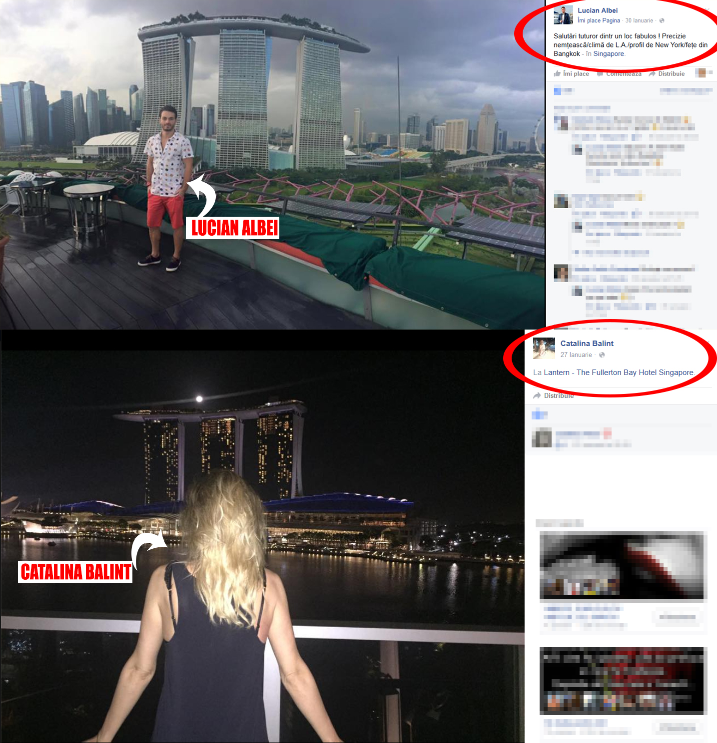 La sfârşitul lunii ianuarie a acestui an, la interval de doar trei zile, Cătălina şi Lucian au postat poze cu ei, din Singapore, având în plan secund acelaşi ”tablou urban”