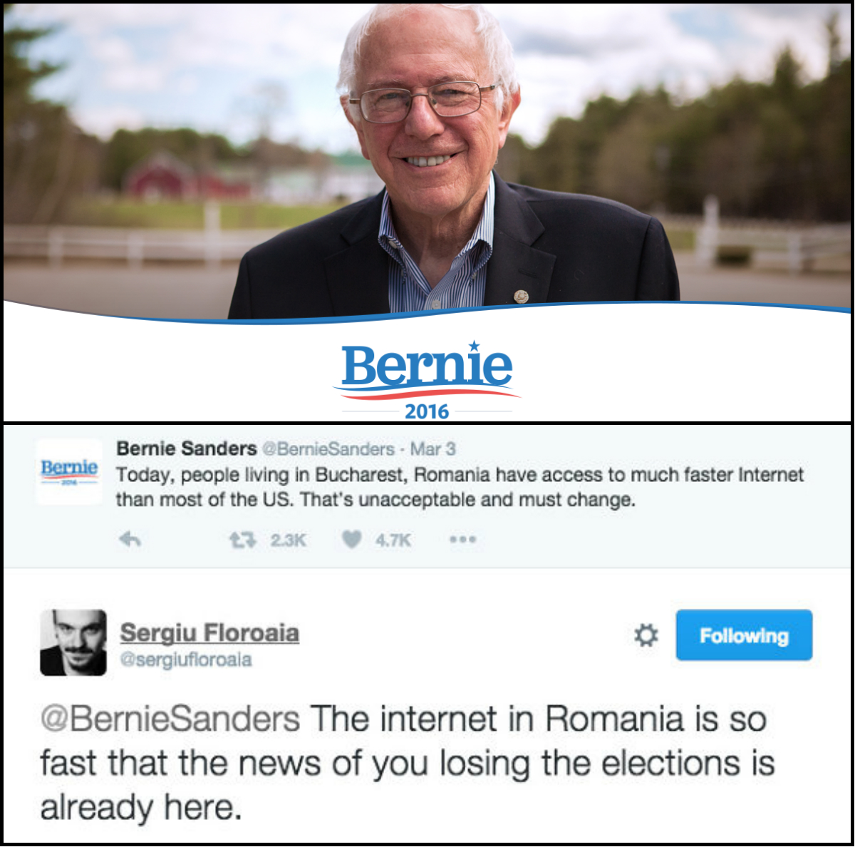 Internetul din România este atât de rapid, că vestea cum că Bernie Sanders a pierdut alegerile deja a ajuns la noi”, a fost una dintre glumele internauţilor români
