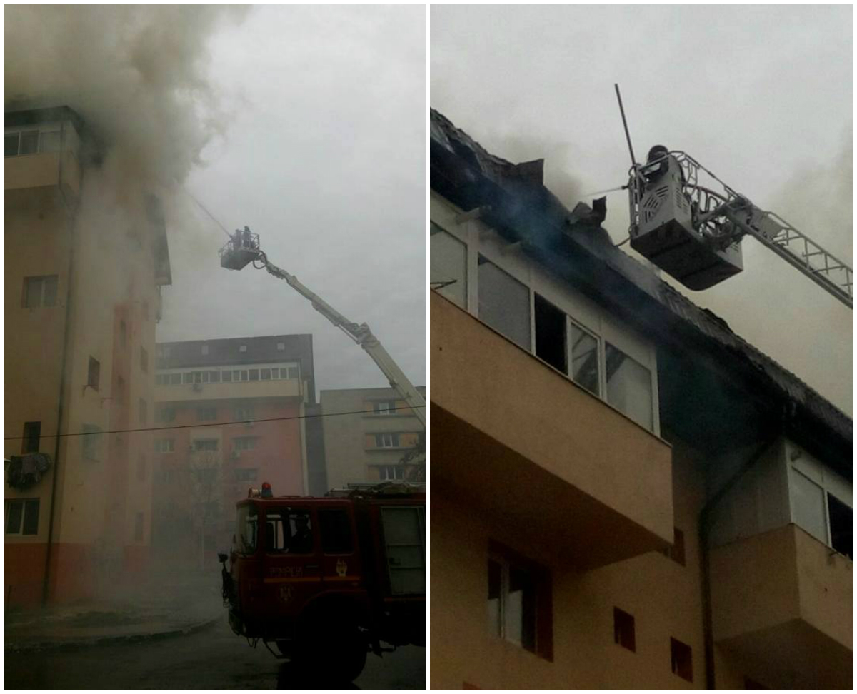 Flăcările au cuprins mansarda unui bloc din zona 1 Decembrie, din Capitală