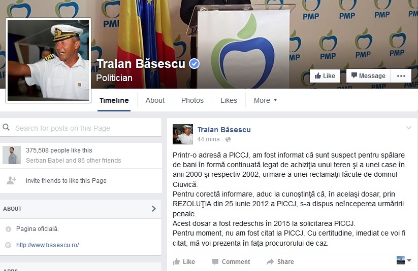 Traian Băsescu a făcut pe Facebook prima declaraţie în ceea ce priveşte acuzaţia de spălare de bani 