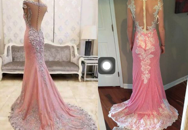 În prima imagine, vedeţi cum arăta rochia pe site, iar în a doua poza, cum arată rochia în realitate.