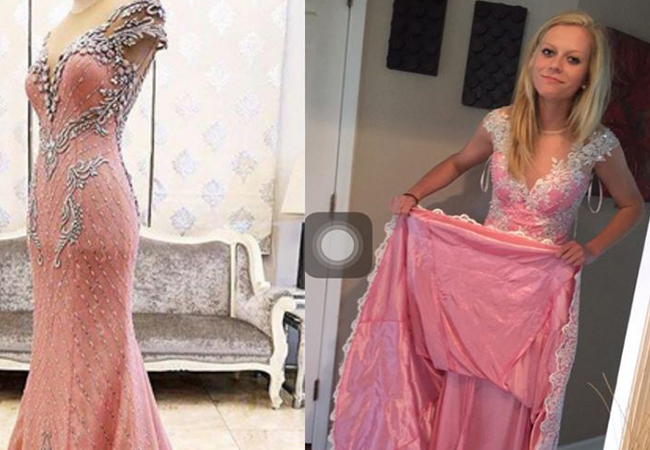 În prima imagine, vedeţi cum arăta rochia pe site, iar în a doua poza, cum arată rochia în realitate.