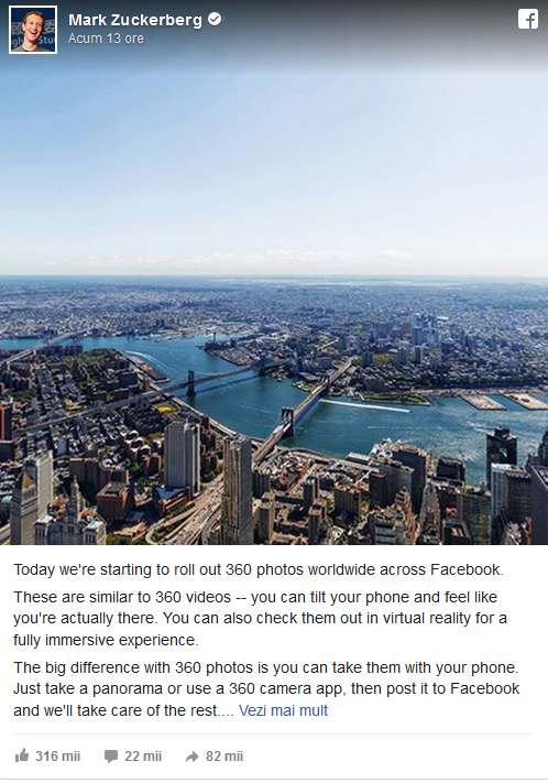Mark Zuckerberg a anunţat că utilizatorii pot încărca poze panoramice.