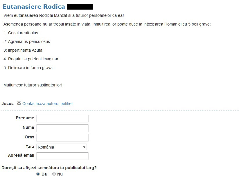 Elevii au cerut eutanasierea femeii şi au făcut o altă petiţie online