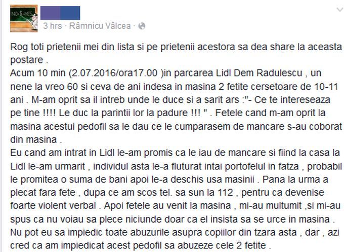 Iată mesajul original de pe Facebook