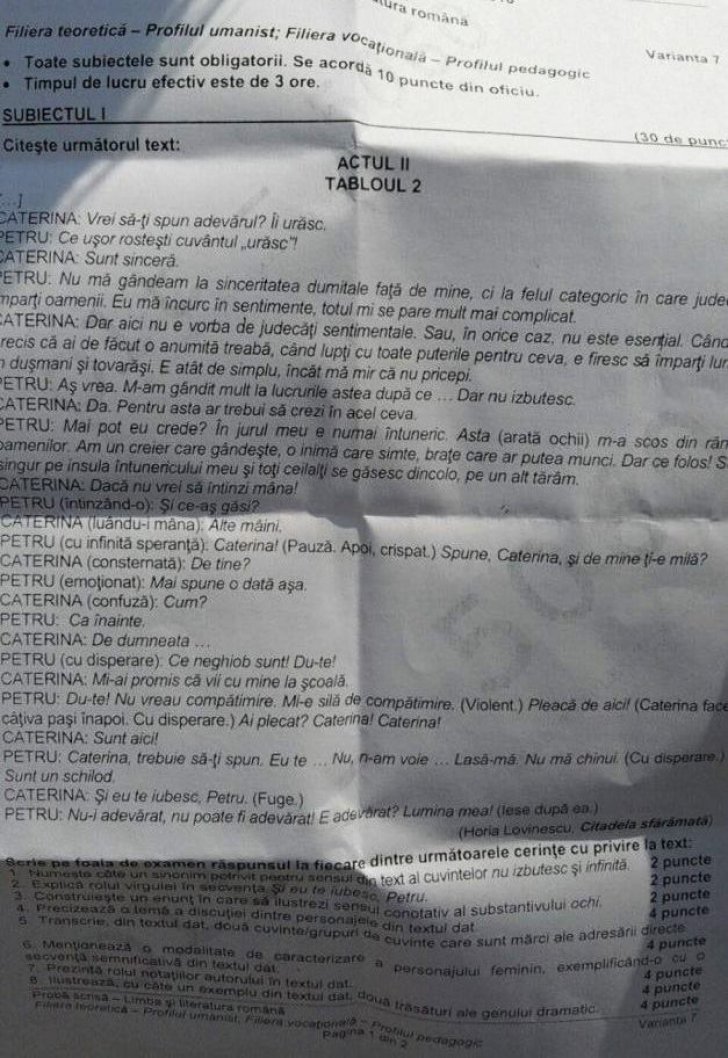 Subiectele la profilul uman (sursă: Adevărul)