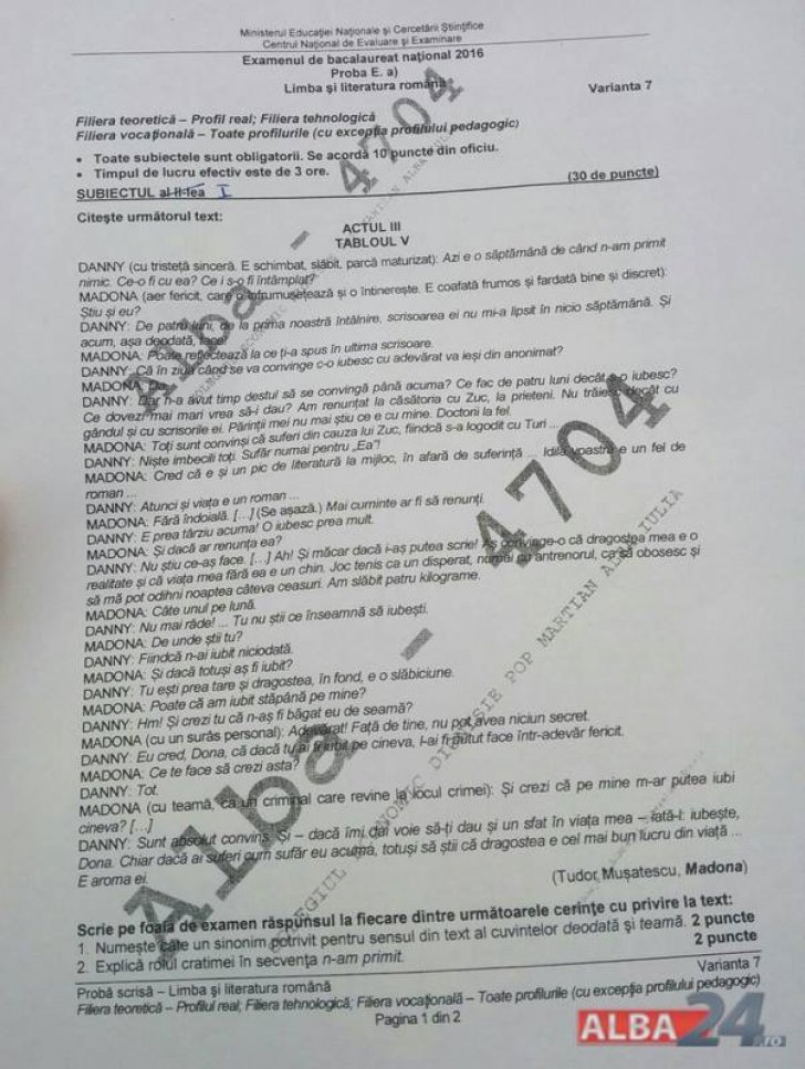 Subiecte la profilul real (sursa: Alba24.ro)