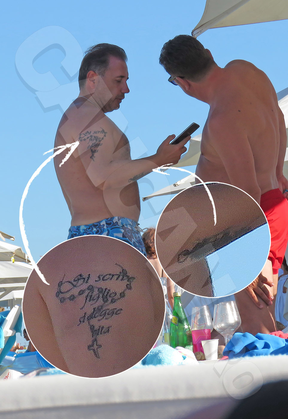 Printre tatuaje se află şi numele fiului său, Albert Christian (dreapta).