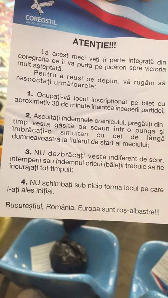 Suporterii stelişti au acţionat conform instrucţiunilor pe care rivalii de la Dinamo le-au lăsat pe fiecare scaun de la tribuna 2