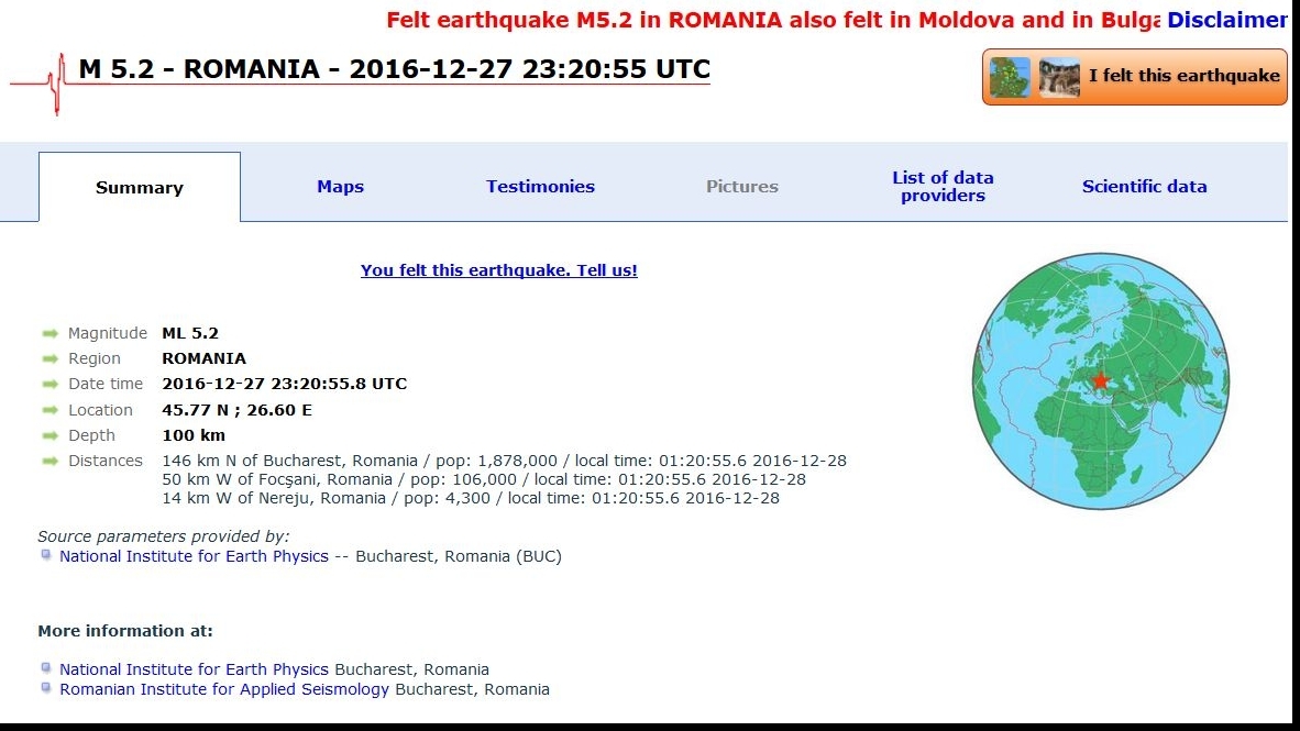 Deşi iniţial a fost anunţată o intensitate de 5,6 pe scara RIchter, cea mai recentă aproximare indică o valoare de 5,2 pe scara Richter .
