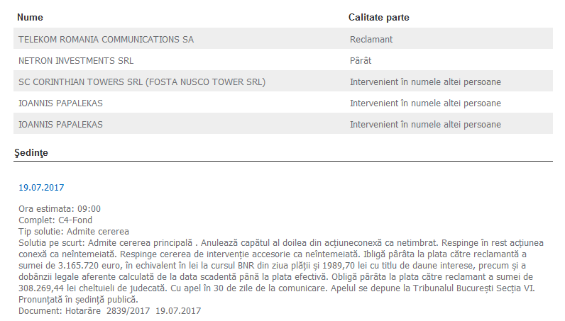 Tribunalul Bucureşti a emis ”factura” pe care Papalekas & Netron o au de achitat către Telekom: peste 3,1 milioane de euro!