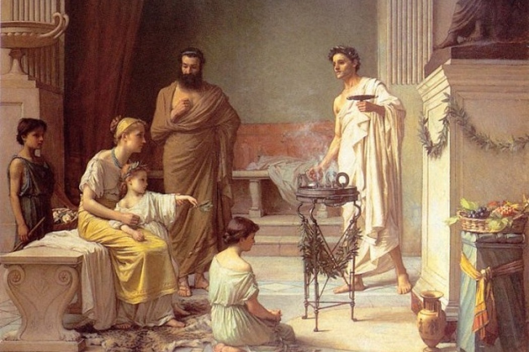  An Ancient Roman family gathered around a burial site with the mother and daughter's remains.