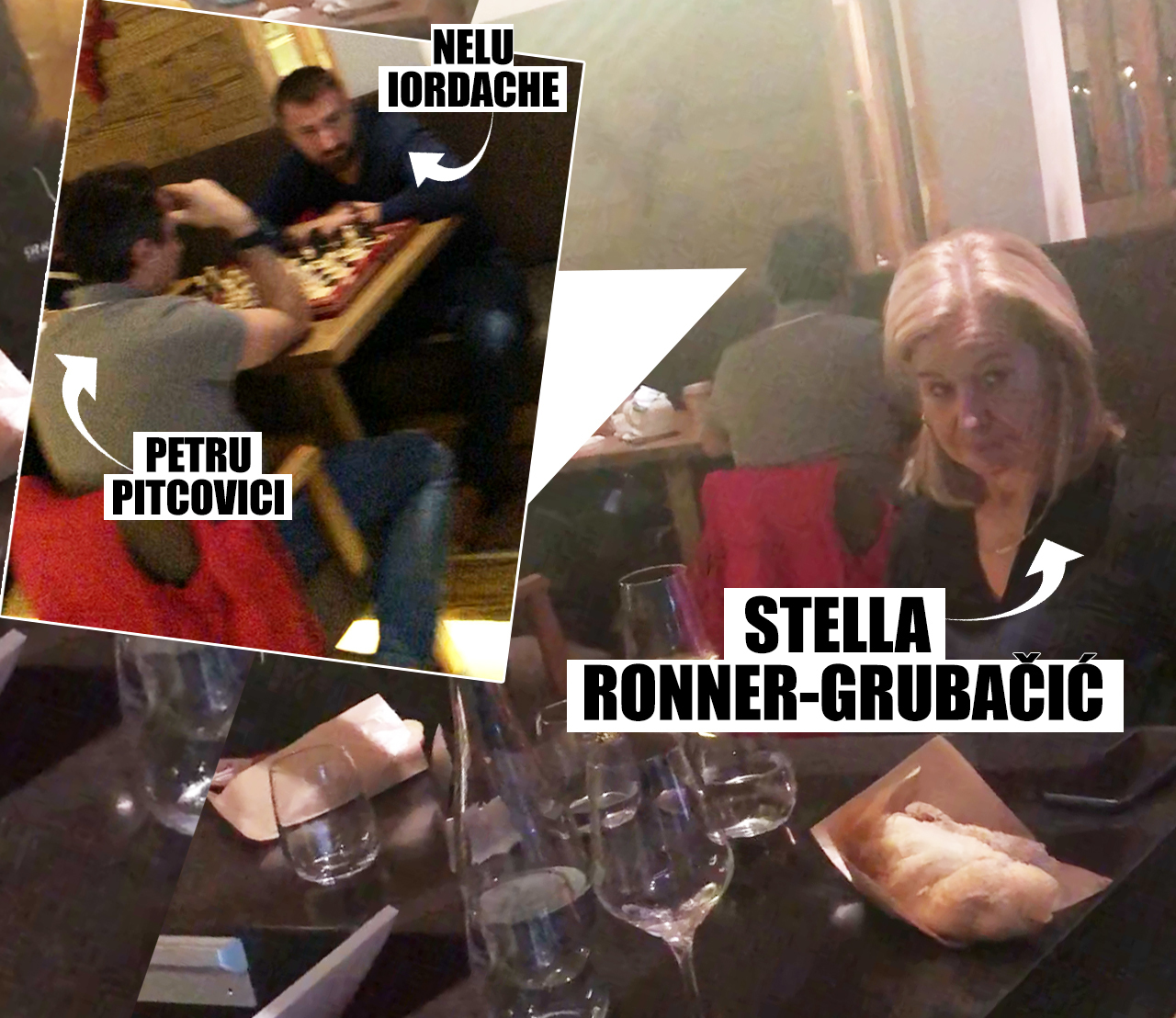 1 IANUARIE, ORA 20.00. Înainte de cină, Stella Ronner Grubacic s-a întreţinut la bar cu o altă doamnă, în timp ce Nelu Iordache îşi ”făcea poftă de mâncare” la o masă mai în spate, jucând şah cu Petru Pitcovici