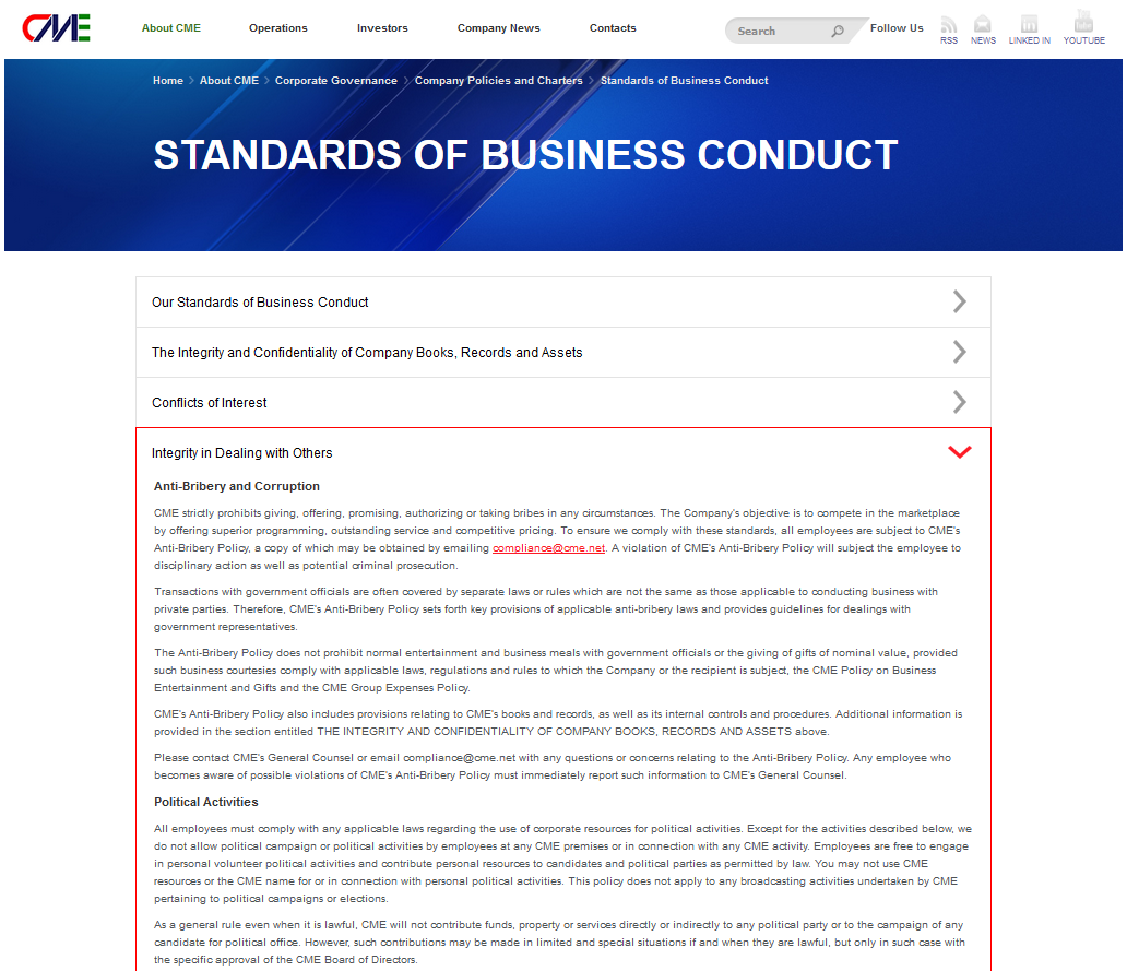 Regulamentul CME este categoric: ”(...) nu permitem desfăşurarea de campanii politice sau activităţi politice de către angajaţi în orice sediul CME sau în legătură cu orice activitate CME (...)”.