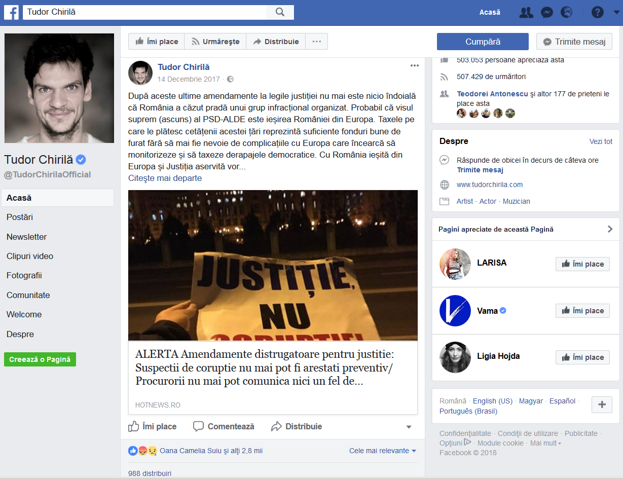 În ultimul an, Tudor Chirilă a atacat virulent politica PSD. Limbajul său a culminat luna trecută când a numit alianţa aflată la Guvernare un ”grup infracţional organizat”!