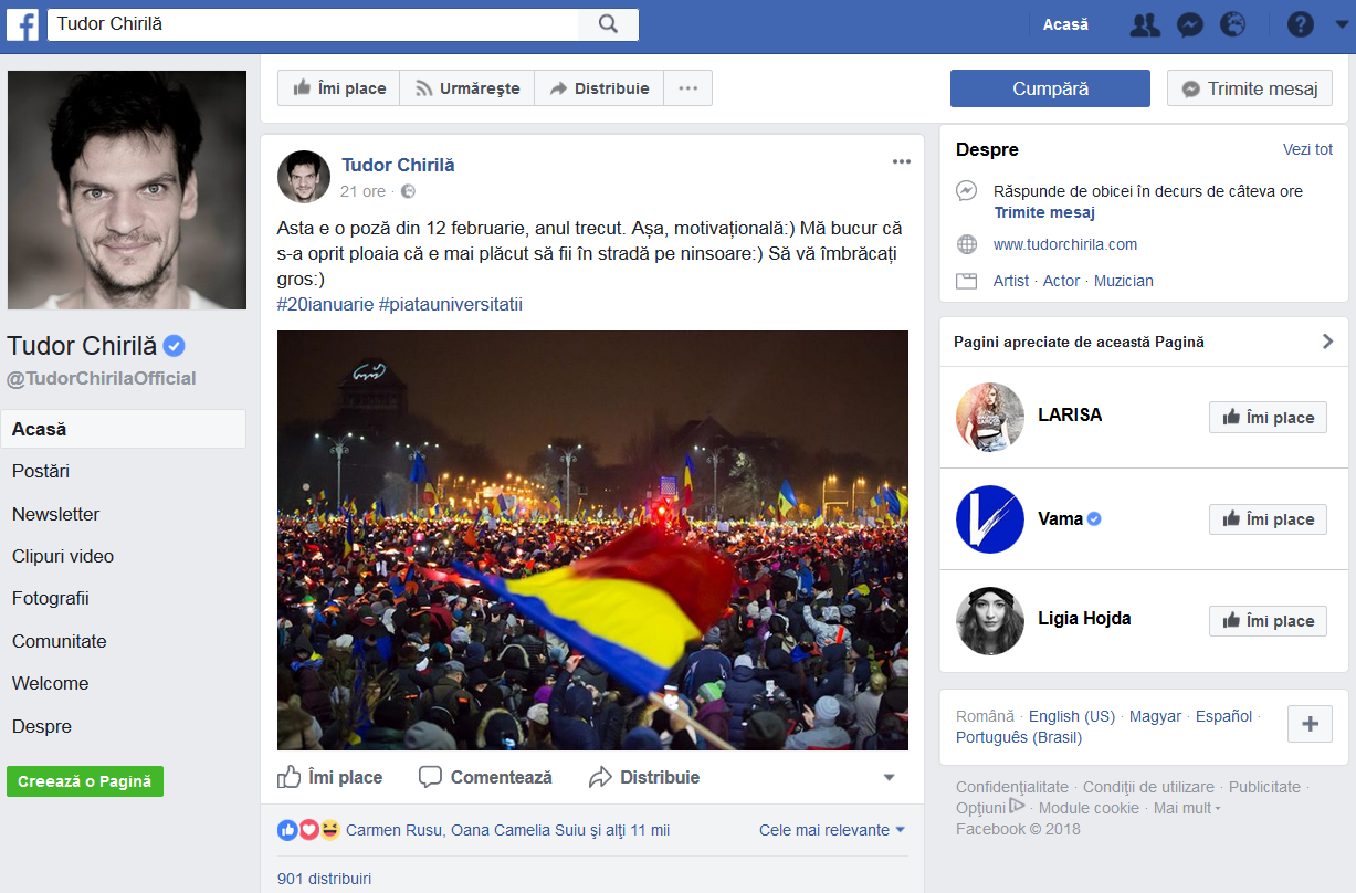 Sâmbătă, artistul a revenit pe pagina lui de Fb şi a cerut românilor să se alăture protestatarilor
