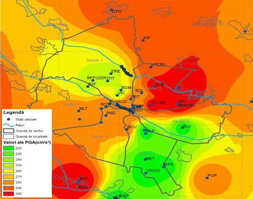 Harta de microzonare seismica a municipiului Bucuresti realizata de catre specialistii de la Institutul National pentru Fizica Pamantului
