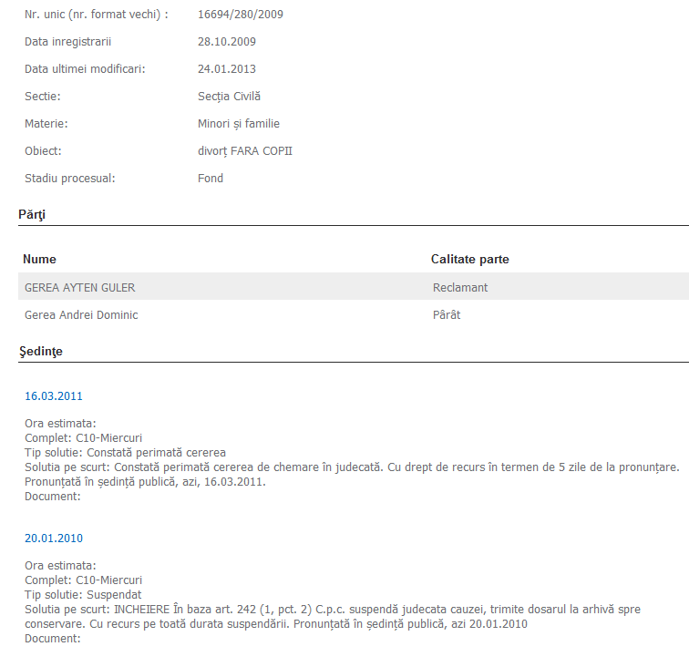 Cerea de divort a fost publicata pe pagina de internet a Judecatoriei Pitesti