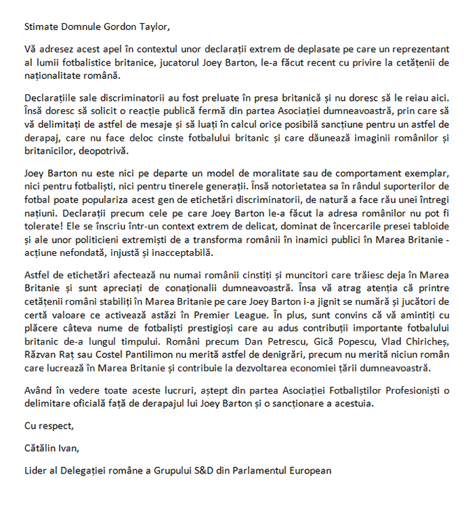 Acesta este protestul adresat de Catalin Ivan lui Gordon Taylor, directorul executiv al PFA