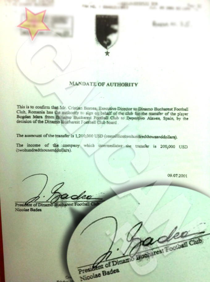 Acesta este actul oficial care il mandata pe Borcea sa faca transferul lui Bogdan Mara la Deportivo Alaves.