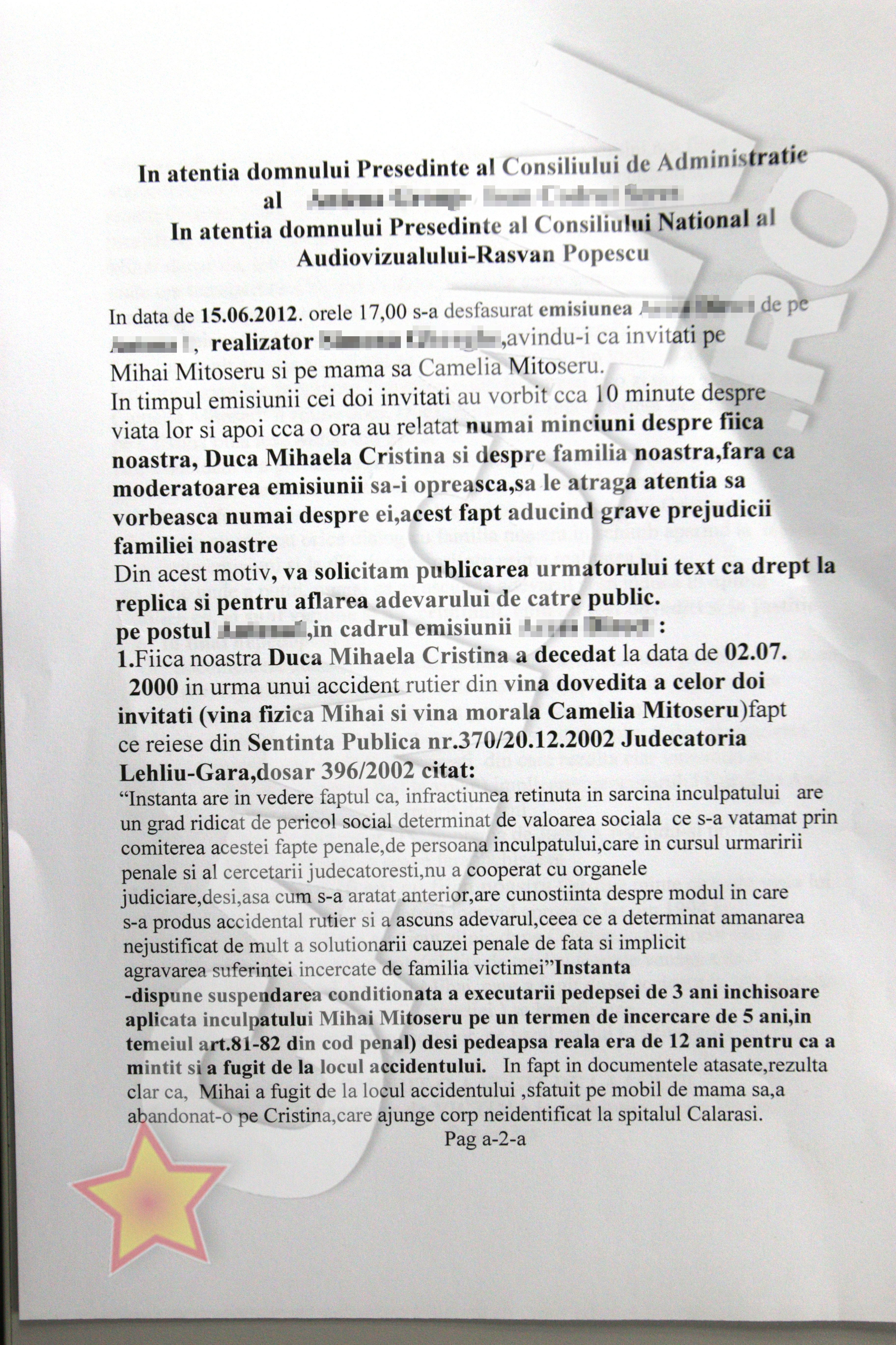 Scrisoarea trimisa de Stefan Duca catre CNA